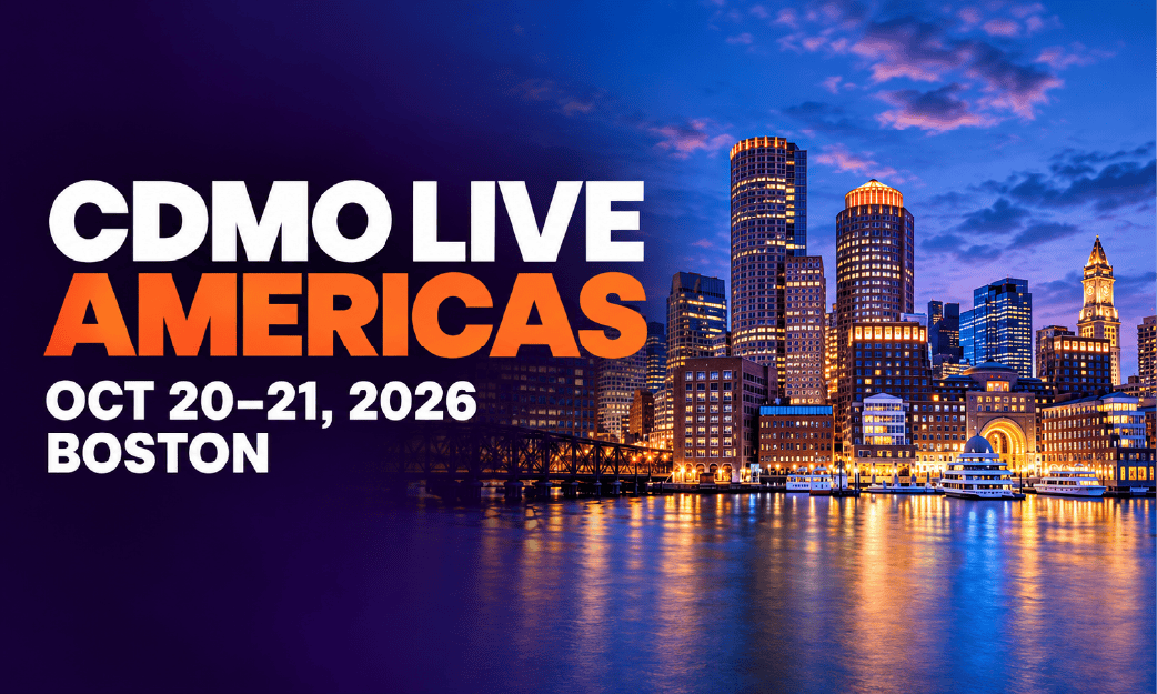 Skyline of Boston at dusk with text: “CDMO Live Americas, Oct 20–21, 2026, Boston” in large white and orange letters, highlighting one of the premier events in the industry.